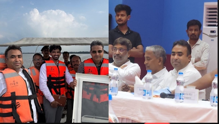 উচ্চপর্যায়ের বৈঠকে ফরাক্কার চিত্র এবং সামশেরগঞ্জে প্রধান সচিবের পরিদর্শনের চিত্র।