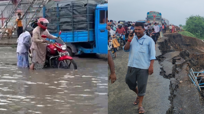 বামদিকে: চাঁদপুর অন্তরদীপা বাজারে জলমগ্ন রাস্তার নিজস্ব চিত্র। ডানদিকে: NH-133A ডাকবাংলো–পাকুড় রোডের ধসে যাওয়া অংশের চিত্র।